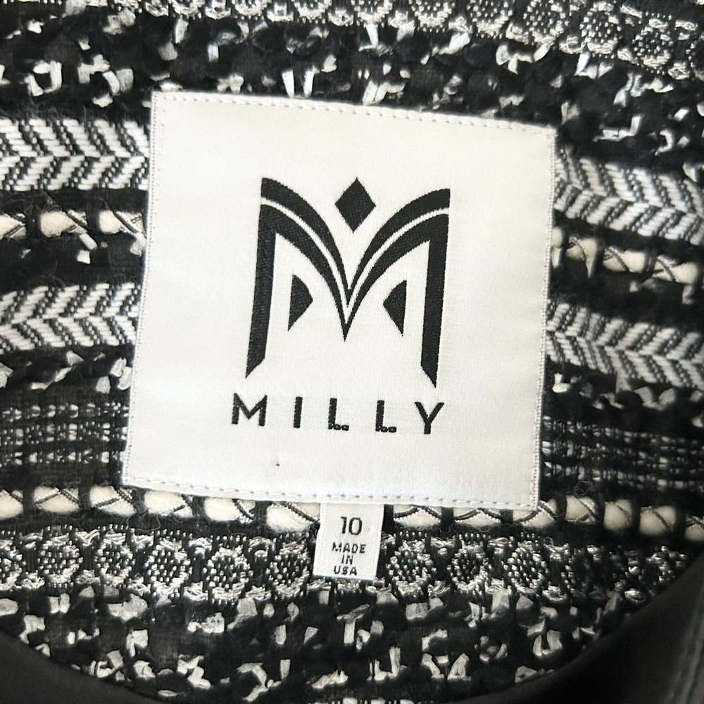 Milly Avery Black White Textured Tweed Leather Trim Jacket Blazer Moto Size 10 - Picture 8 of 9